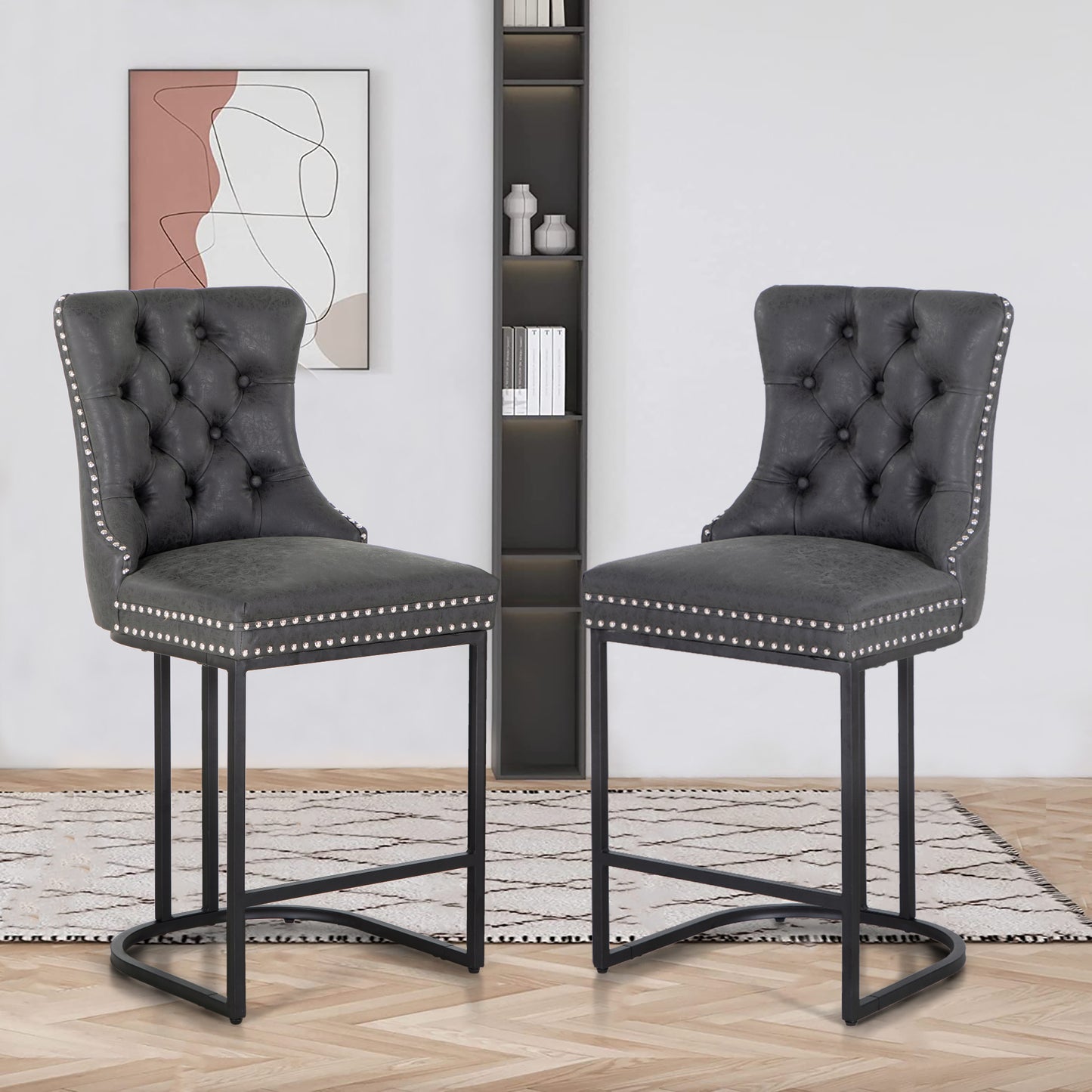 Sophia & William 26" Faux Leather Counter Height Bar Stool with Backrest-Set of 2-Black