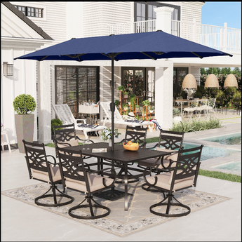Alpha Joy 8-Piece Outdoor Patio Dining Set with 13 ft Navy Blue Umbrella, Cushioned Swivel Chairs & Metal Table for 6