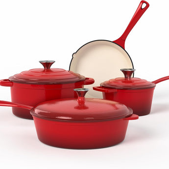 ROYALCLAD Red Enameled Cast Iron Cookware Sets, 7Pcs | Healthy Pots and Pans Set Non Toxic, Induction Dutch Oven Set, PFOA & PFAS Free