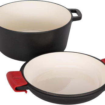 STICKNOMORE 2-in-1 Enamel Cast Iron Dutch Oven with Dual Handles, 5 QT Dutch Oven Pot & 10.5“ Skillet Lid Doubles as Cast Iron Pan, Oven Safe up to 500°F, Cookware for Cooking Baking Stewing