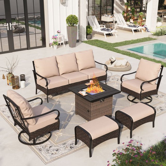 Sophia & William 6 Piece Metal Patio Conversation Sofa Set 7-Seat Outdoor Sectionals with Fire Pit Table