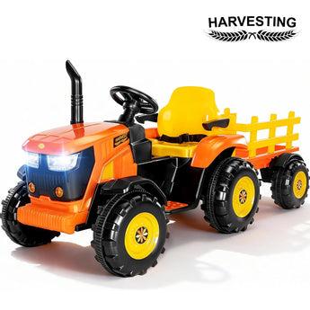 HARVESTING 24V XL Ride-On Tractor with Tiltable & Detachable Trailer, 2×80W Motors, Adjustable Handles, EVA Tires, Forward & Reverse, Safety Belt, Remote Control - Farm Harvest Edition