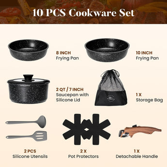 STICKNOMORE Removable Handle Induction Pots and Pans Set - 10 Piece Non-stick Cookware Sets, Black Granite Stackable RV Cookware for Camp