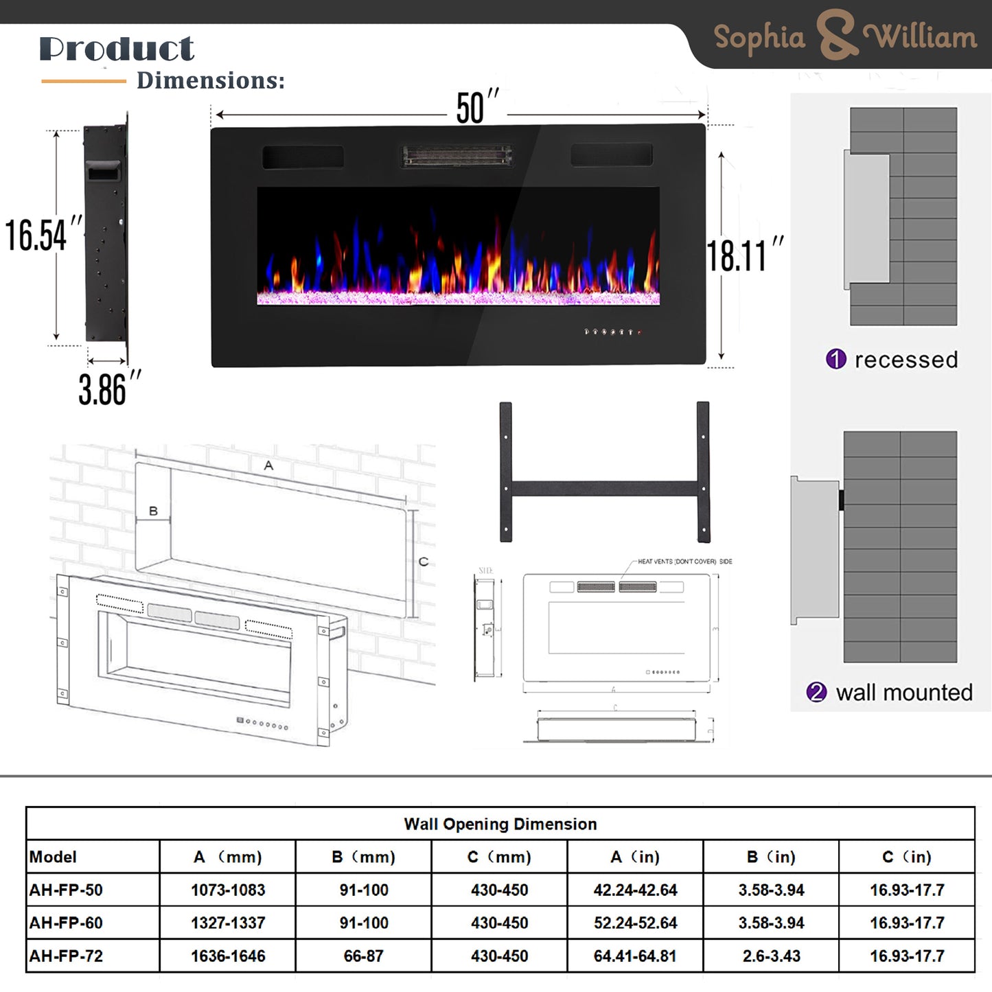 Sophia & William 50 inch Electric Fireplace,Recessed Wall Mounted Fireplace Insert,Ultra-Thin Linear Fireplace