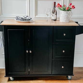 Black Rolling Kitchen Island Cart on Wheels with Drop-Leaf
