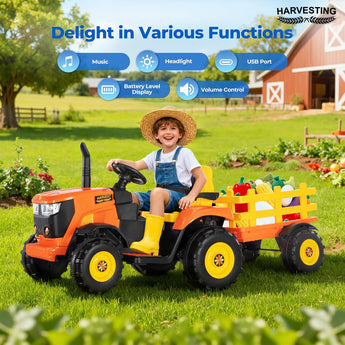 HARVESTING 24V XL Ride-On Tractor with Tiltable & Detachable Trailer, 2×80W Motors, Adjustable Handles, EVA Tires, Forward & Reverse, Safety Belt, Remote Control - Farm Harvest Edition