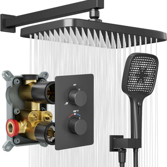 Abath Thermostatic Shower System with 12" Ceiling Rain Shower Head & 4 Modes Handheld, Shower Faucet Set with Pressure Balancing Valve, High Pressure Shower Fixtures Sets Trim Kit for Bathroom & Bathtub