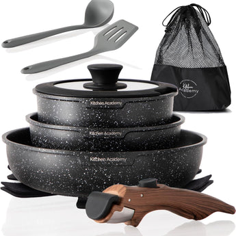 STICKNOMORE Removable Handle Induction Pots and Pans Set - 10 Piece Non-stick Cookware Sets, Black Granite Stackable RV Cookware for Camp
