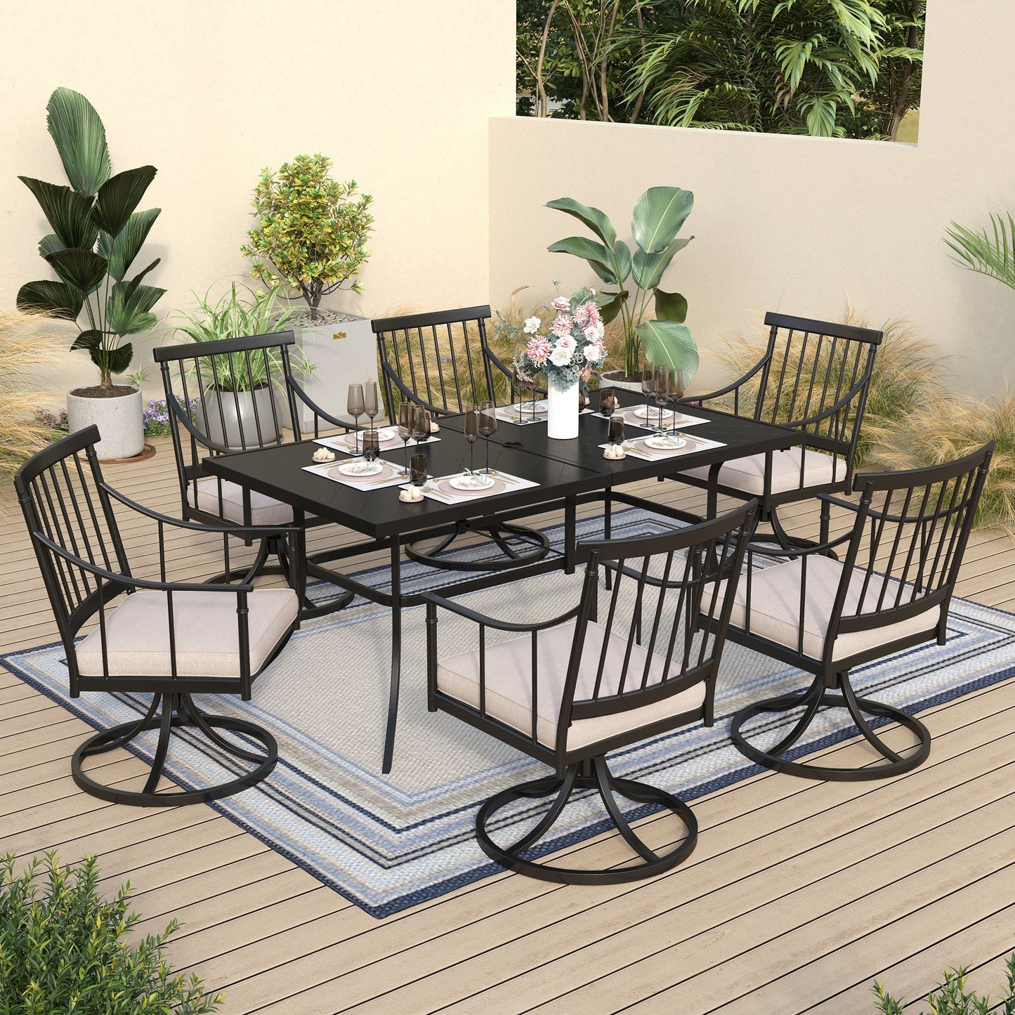 Sophia & William 7 Piece Outdoor Patio Dining Set Metal Furniture Table and Cushioned Swivel Chairs