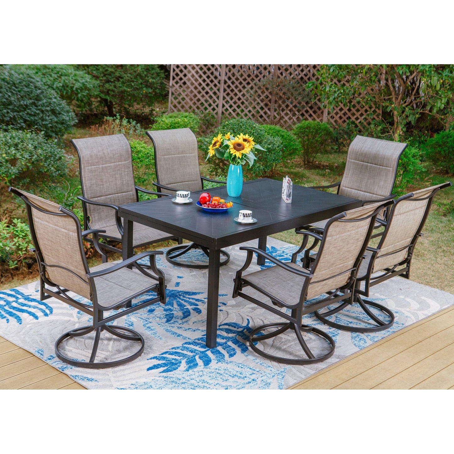 7 Pieces Metal Outdoor Patio Dining Set with Gray Padded Textilene Swivel Chairs and Black Extendable Table