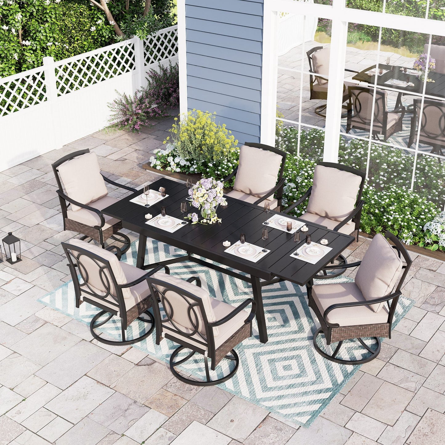 7-Piece Patio Dining Set with Extendable Table & 6 Swivel Chairs, Black & Beige
