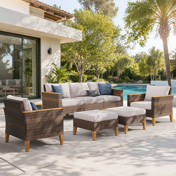 Sophia & William Wicker Patio Furniture Set, Outdoor Rattan Sectional Sofa 7 Piece Patio Conversation Set with 2 x Corner Sofa, 2 x Single Chairs, 1 x Armless Couch, 2 x Ottoman for Deck, Backyard