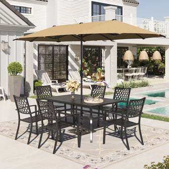 Alpha Joy 8-Piece Outdoor Patio Dining Set with 13 ft Orange Red Umbrella, Cushioned Swivel Chairs & Fixed Chairs & Metal Table for 6