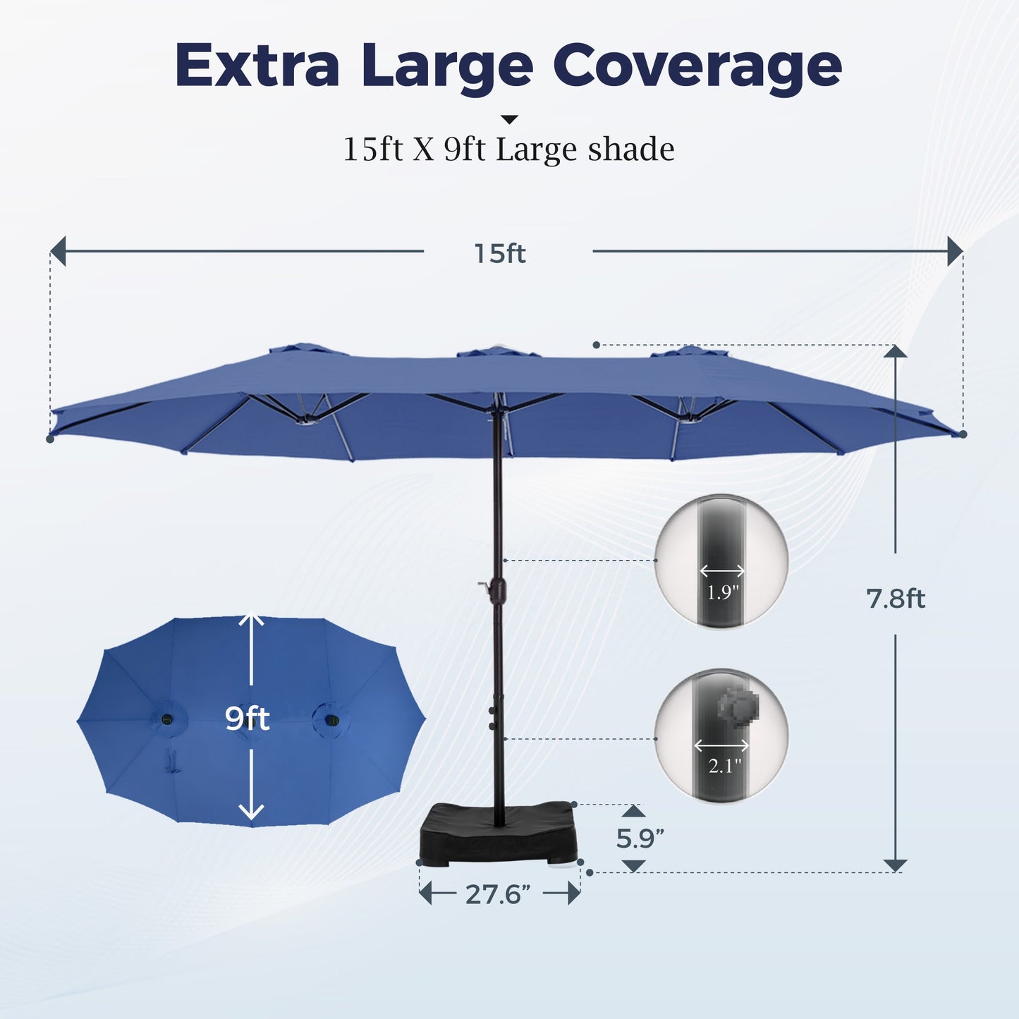 Alpha Joy 15ft Outdoor Patio Umbrella Extra-Large Double-Sided Garden Umbrella with Crank Handle and Base - Haze Blue