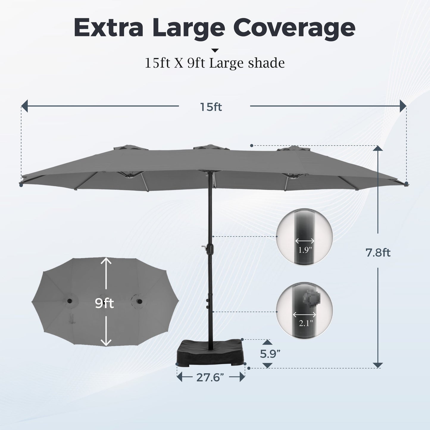 Alpha Joy 15ft Outdoor Patio Umbrella Extra-Large Double-Sided Garden Umbrella with Crank Handle and Base - Light Gray