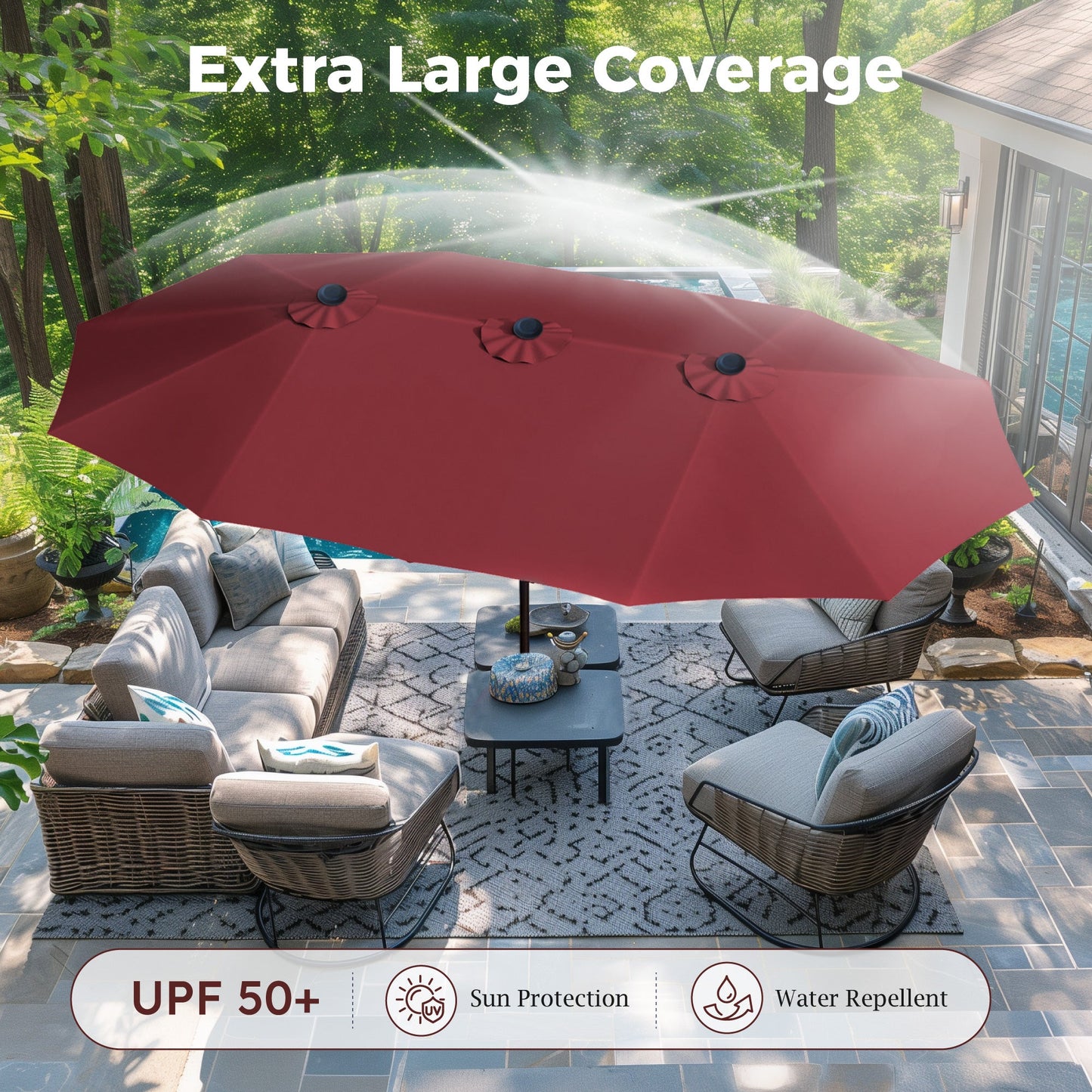 Alpha Joy 15ft Outdoor Patio Umbrella Extra-Large Double-Sided Garden Umbrella with Crank Handle and Base - Red