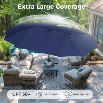 Alpha Joy 15ft Outdoor Patio Umbrella Extra-Large Double-Sided Garden Umbrella with Crank Handle and Base - Navy Blue
