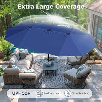 Alpha Joy 15ft Outdoor Patio Umbrella Extra-Large Double-Sided Garden Umbrella with Crank Handle and Base - Haze Blue