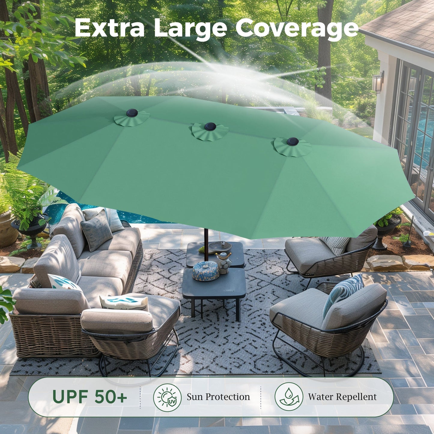 Alpha Joy 15ft Outdoor Patio Umbrella Extra-Large Double-Sided Garden Umbrella with Crank Handle and Base - Mint Green