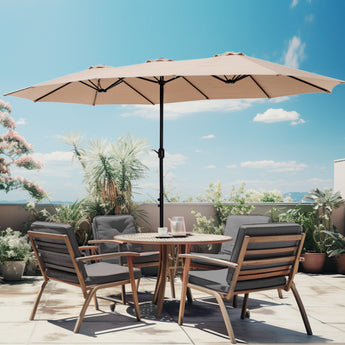 Alpha Joy 15ft Outdoor Patio Umbrella Extra-Large Double-Sided Garden Umbrella with Crank Handle and Base - Beige