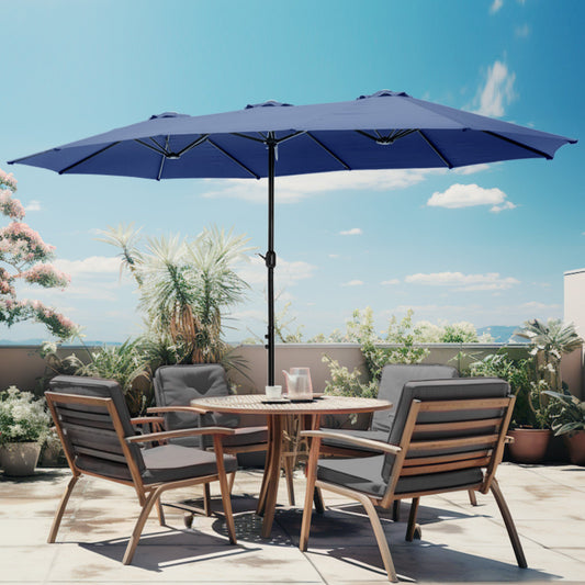 Alpha Joy 15ft Outdoor Patio Umbrella Extra-Large Double-Sided Garden Umbrella with Crank Handle and Base - Haze Blue