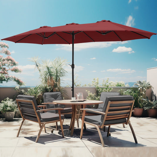 Alpha Joy 15ft Outdoor Patio Umbrella Extra-Large Double-Sided Garden Umbrella with Crank Handle and Base - Red