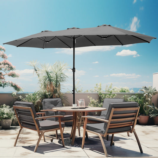 Alpha Joy 15ft Outdoor Patio Umbrella Extra-Large Double-Sided Garden Umbrella with Crank Handle and Base - Light Gray