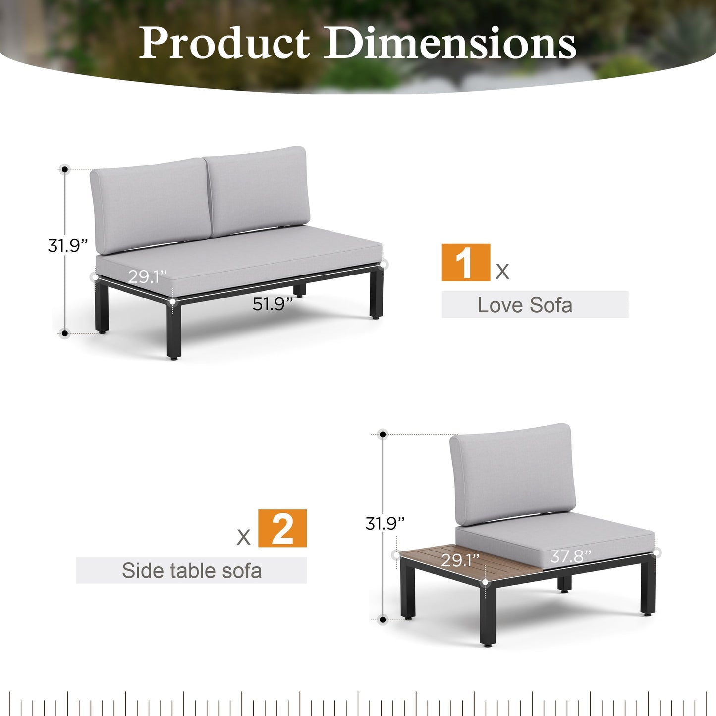 Sophia & William 3 Pieces Metal Patio Furniture Conversation Set with 2Pcs Side Table Sofa, 1Pc Loveseat Sofa, and 1Pc Coffee Table, Light Grey