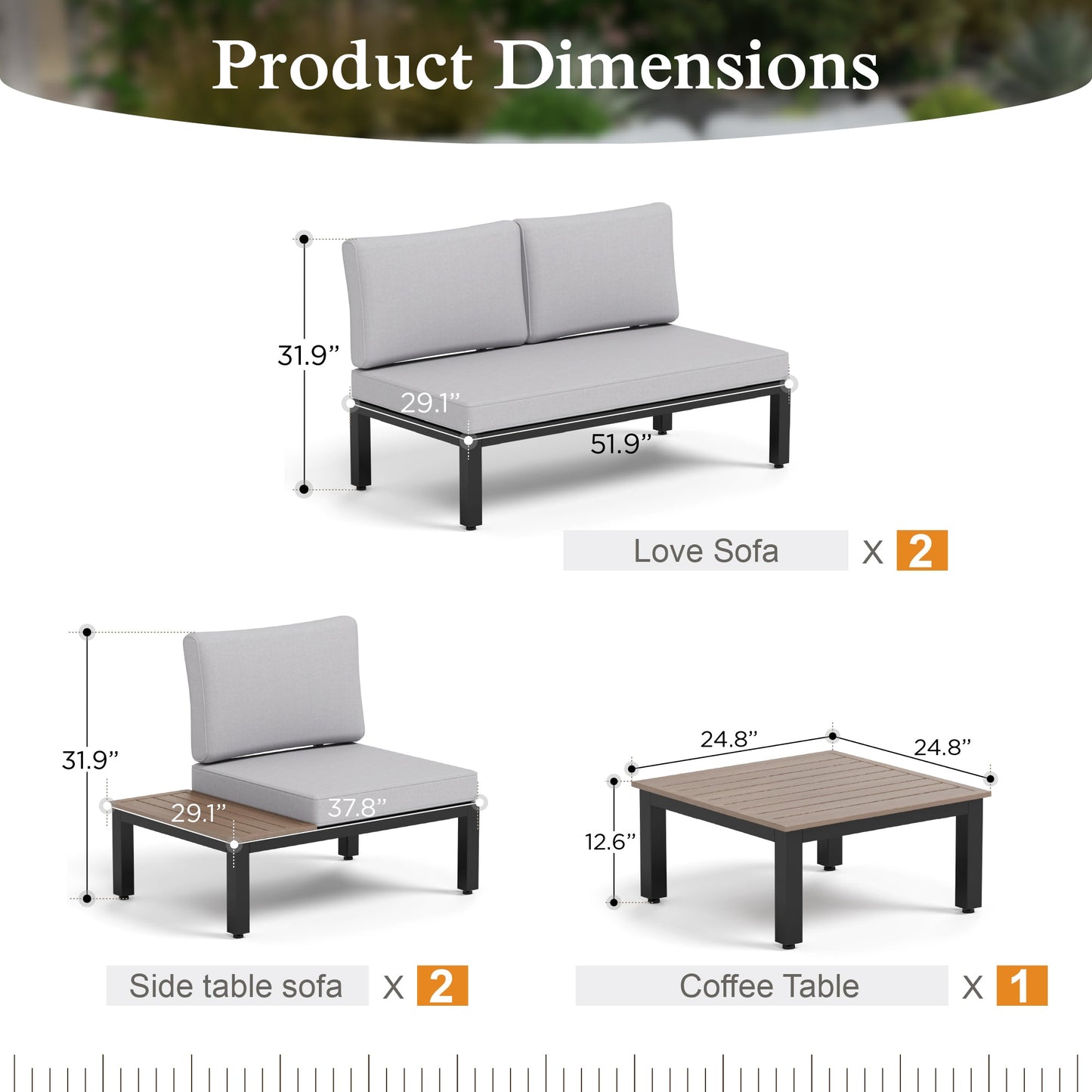 Sophia & William 5 Pieces Metal Patio Furniture Set Outdoor Sectional Sofa Set with Coffee Table, Light Grey