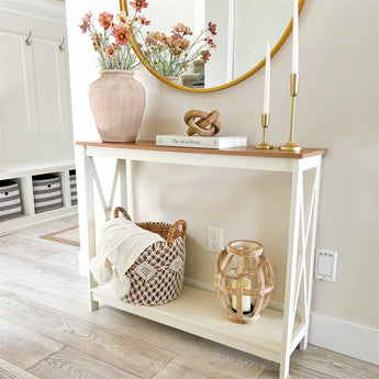 Shop our entryway console table now and enhance your hallway with stylish functionality!