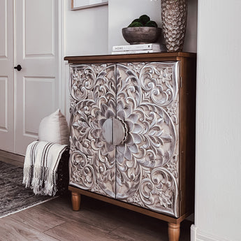 Retro Accent Cabinet with Silver Flower Design