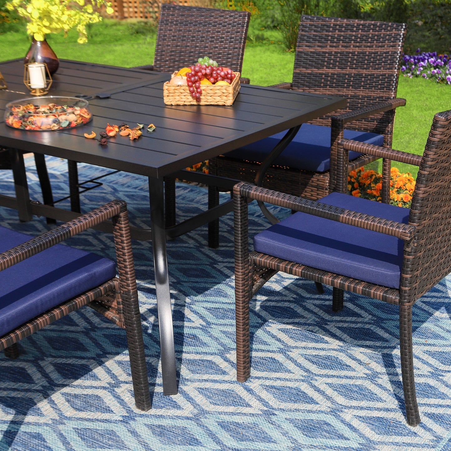 Sophia & William 8 Pieces Outdoor Patio Dining Set with 13 ft Navy Umbrella, Rattan Chairs & Metal Table for 6