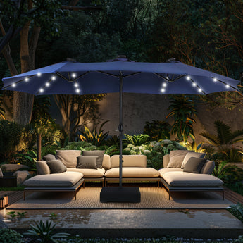 Alpha Joy 15ft Extra Large Outdoor Patio Double-Sided Umbrella with Solar Lights & Umbrella Base, Navy Blue