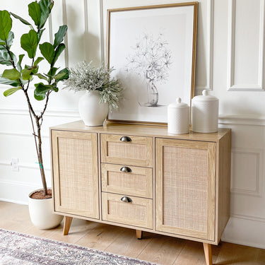 Shop now to elevate your home decor with our stylish Rattan Accent Cabinet with Drawers!