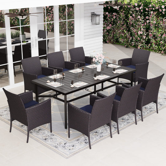 Sophia & William 9-Piece Outdoor Patio Dining Set Metal Table and Rattan Chairs Set for 8, Black & Navy Blue