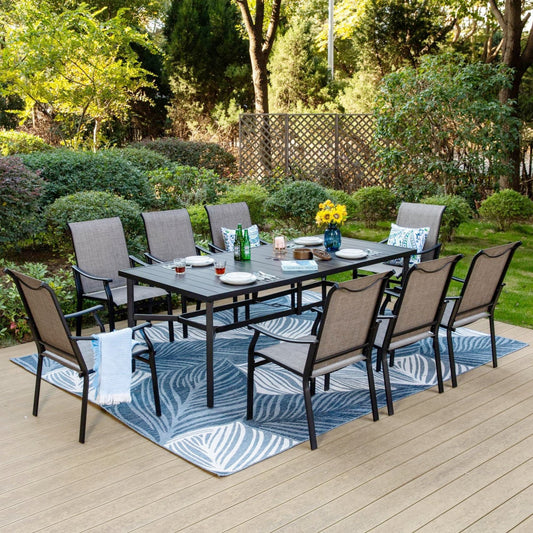 Sophia & William 9-Piece Outdoor Patio Dining Set Metal Table and Textilene Chairs Set for 8, Black & Grayish-brown