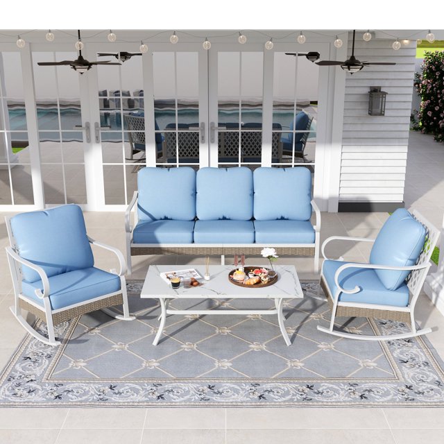 Sophia&William 4 Piece Patio Conversation Set Outdoor Furniture Sofa Set with Rocking Chair, Blue