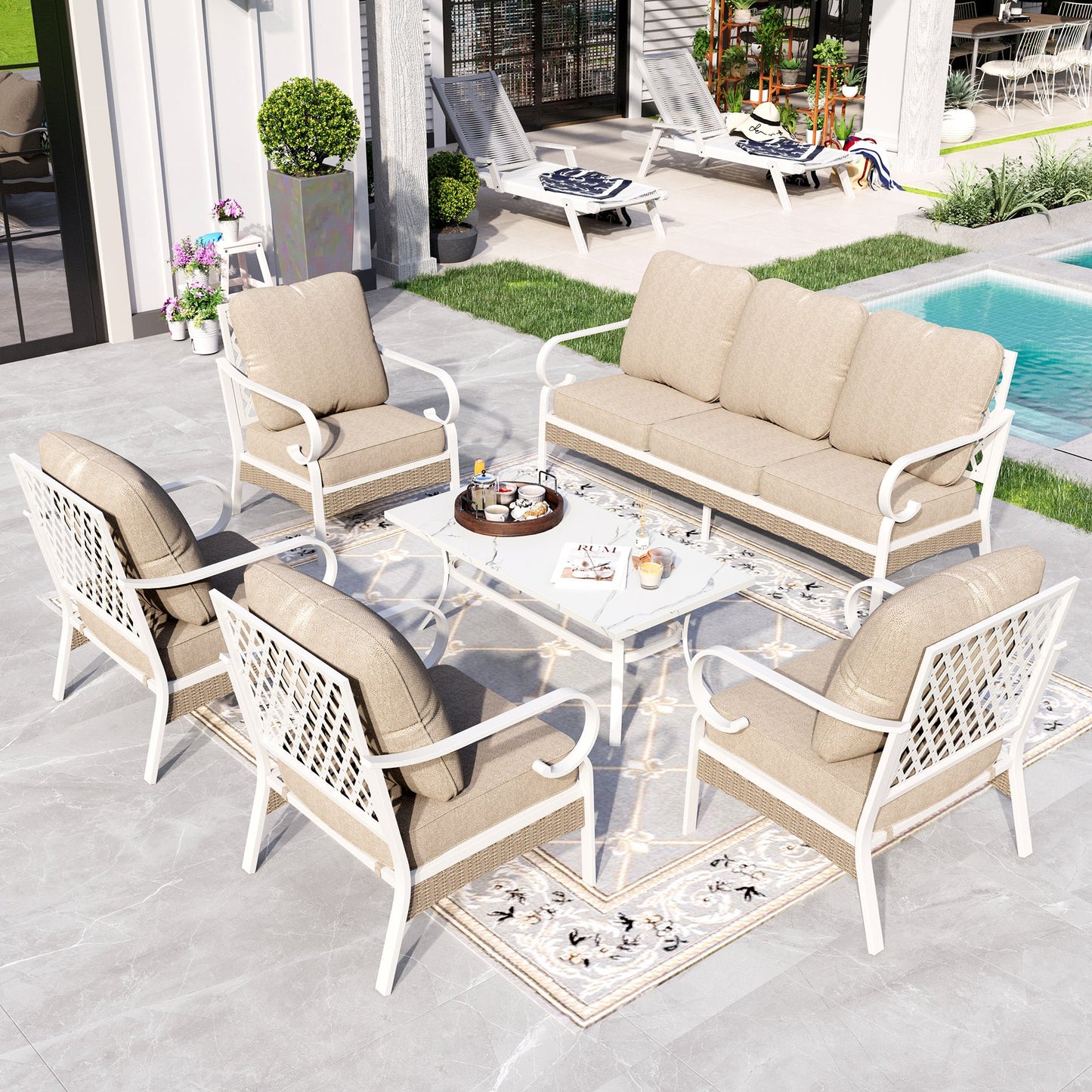 Sophia&William 6 Piece Patio Conversation Set Outdoor Furniture Sofa Set with Fixed Chair, Beige