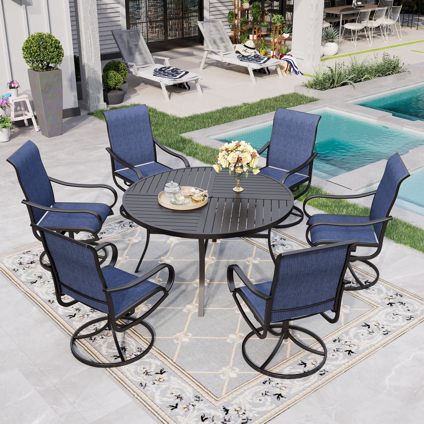 Sophia & William 7 Piece Outdoor Patio Dining Set Textilene Chairs and 54" Round Table Furniture Set