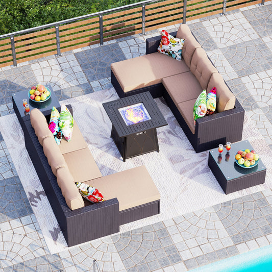 7-Piece Wicker Patio Conversation Set with Fire Pit Table - Beige