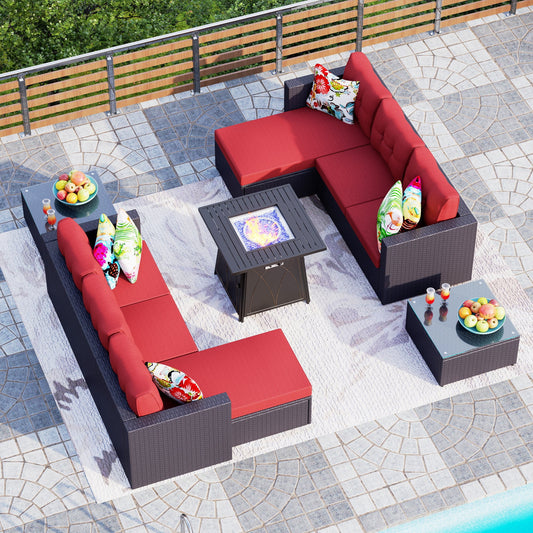 7-Piece Wicker Patio Conversation Set with Fire Pit Table - Red