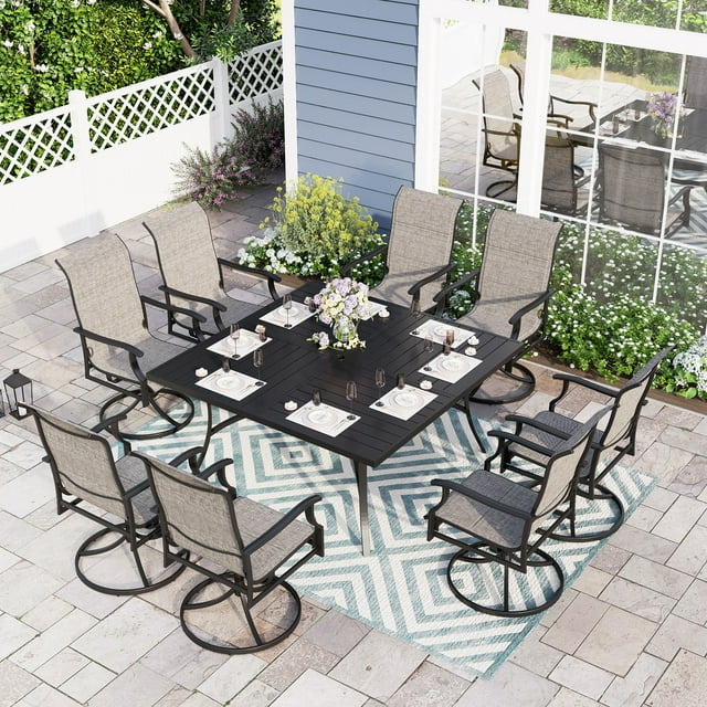 9 Piece Outdoor Metal Patio Dining Set Square Table and Swivel Padded Chairs Set