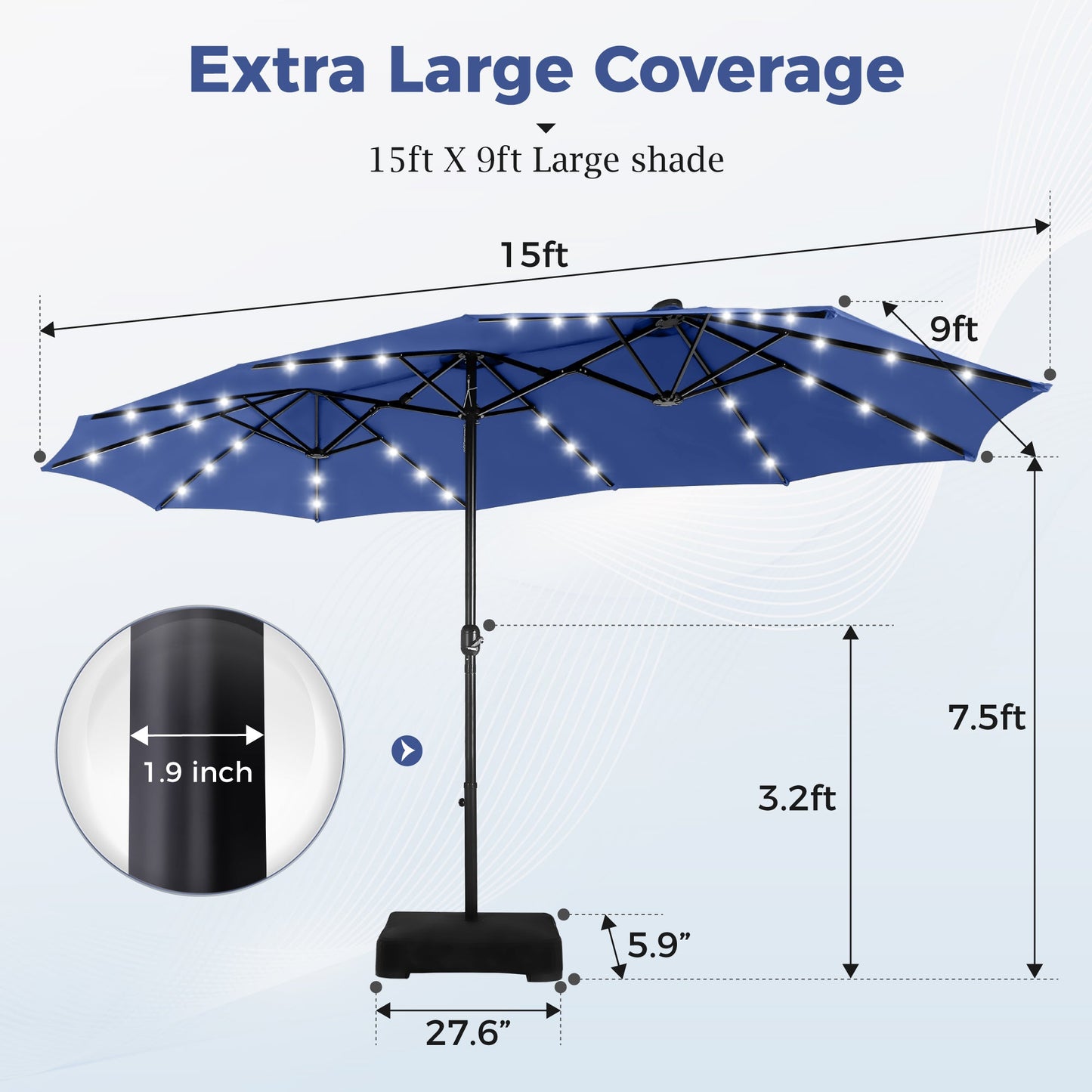 Alpha Joy 15ft Extra Large Outdoor Patio Double-Sided Umbrella with Solar Lights & Umbrella Base, Haze Blue