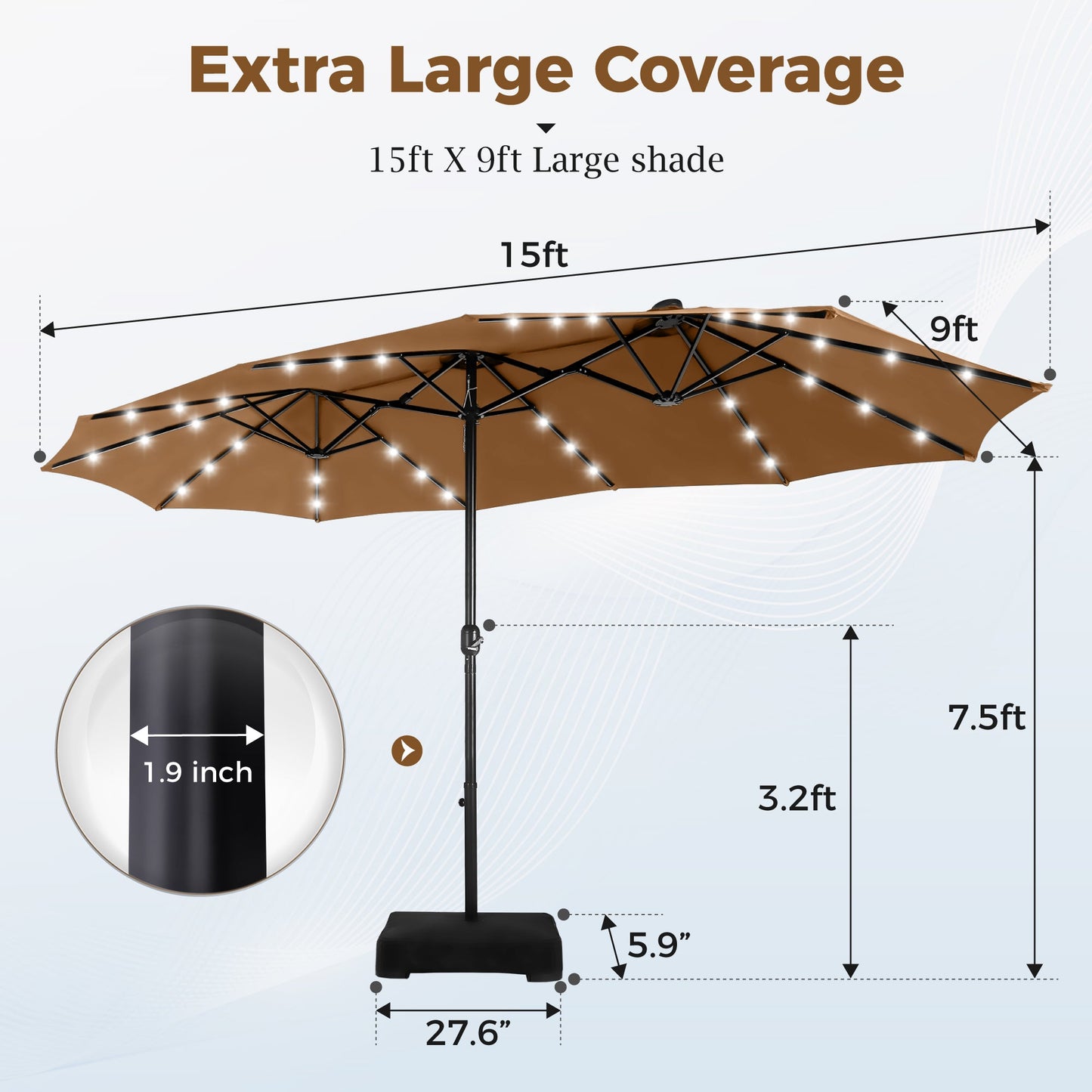 Alpha Joy 15ft Extra Large Outdoor Patio Double-Sided Umbrella with Solar Lights & Umbrella Base, Maillard Brown