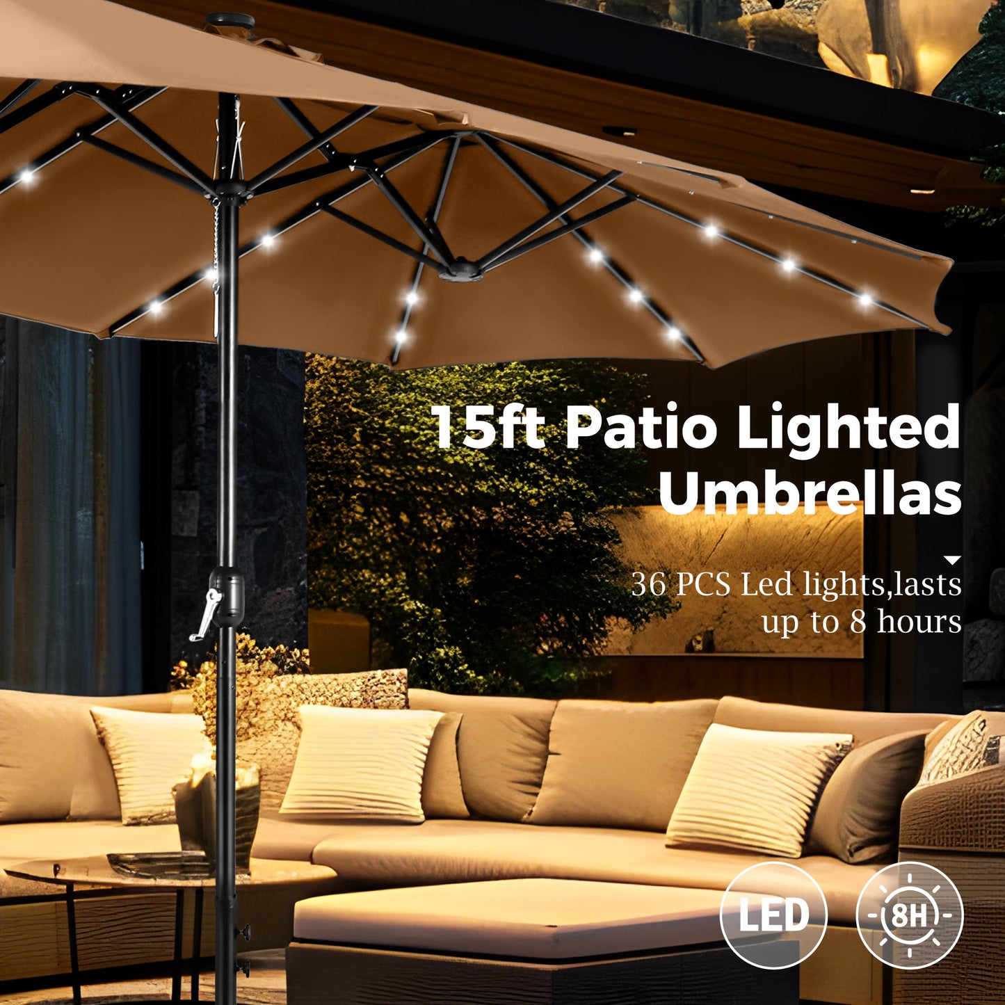 Alpha Joy 15ft Extra Large Outdoor Patio Double-Sided Umbrella with Solar Lights & Umbrella Base, Maillard Brown
