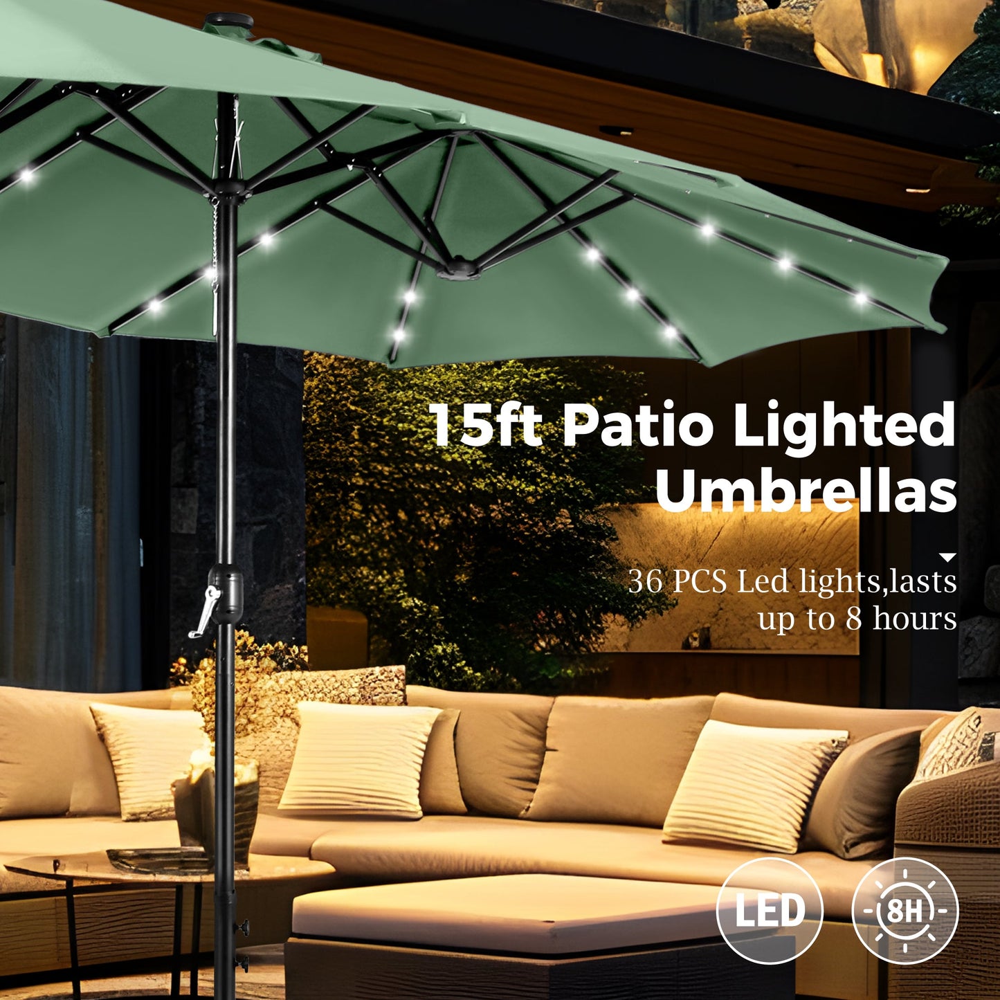 Alpha Joy 15ft Extra Large Outdoor Patio Double-Sided Umbrella with Solar Lights & Umbrella Base, Mint Green