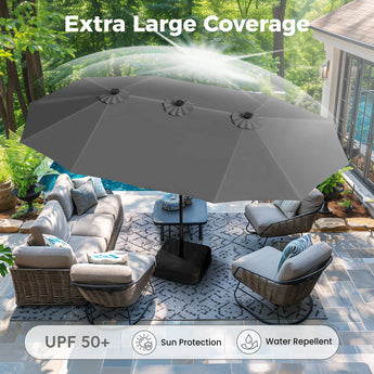 Alpha Joy 15ft Extra Large Outdoor Patio Double-Sided Umbrella with Solar Lights & Umbrella Base, Light Gray