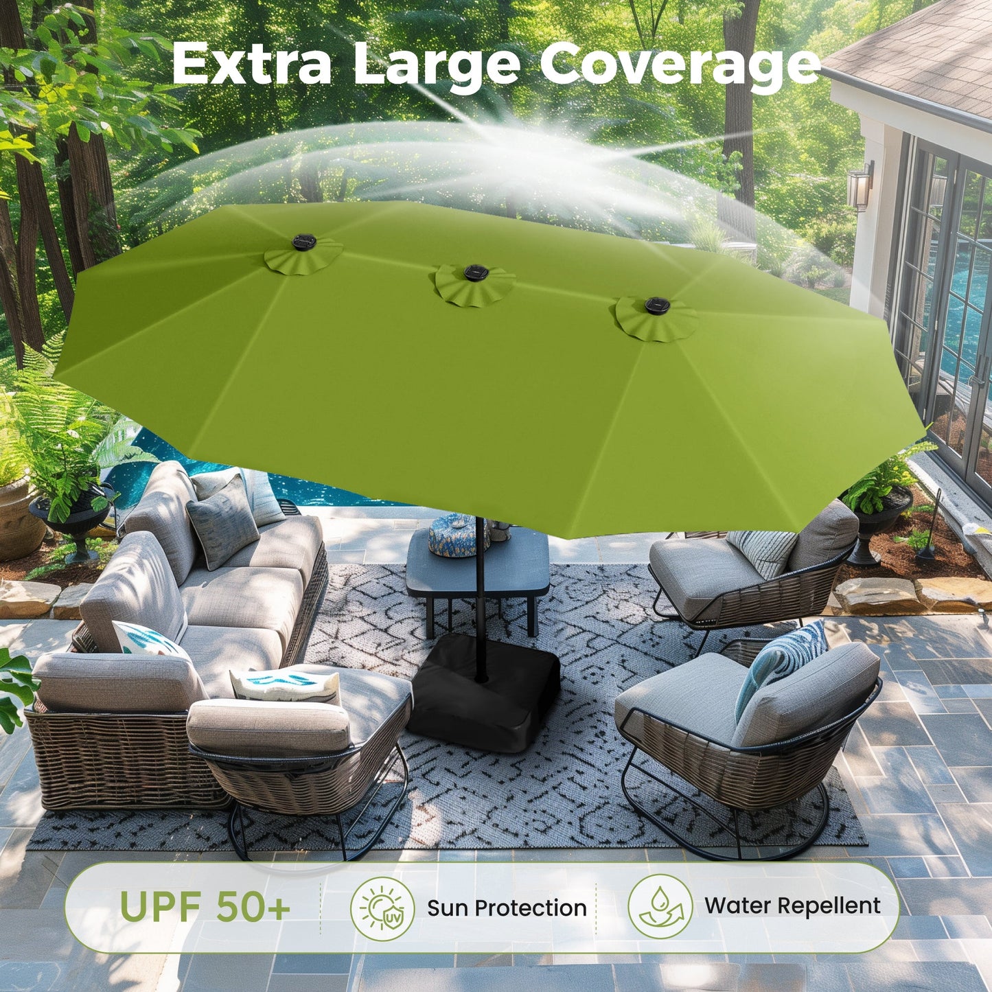 Alpha Joy 15ft Extra Large Outdoor Patio Double-Sided Umbrella with Solar Lights & Umbrella Base, Lime Green