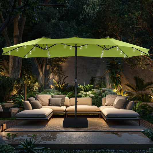 Alpha Joy 15ft Extra Large Outdoor Patio Double-Sided Umbrella with Solar Lights & Umbrella Base, Lime Green