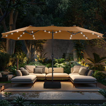 Alpha Joy 15ft Extra Large Outdoor Patio Double-Sided Umbrella with Solar Lights & Umbrella Base, Maillard Brown
